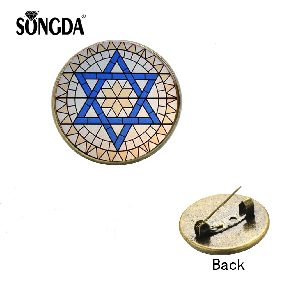 

SONGDA New Star of David Brooch Antique Bronze Silver Metal Pin Israel Faith Hexagram Sign Glass Round Brooches Religion Jewelry