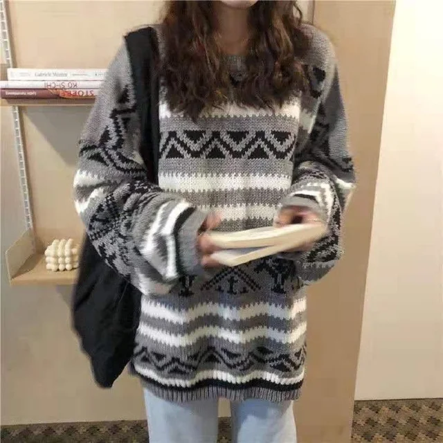 женский винтажный свитер deeptown свободный белый с геометрическим фотография
