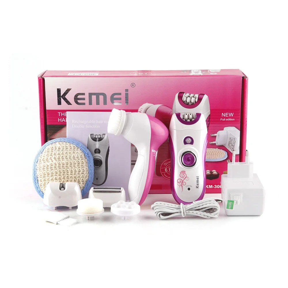 

Kemei 6 in 1 Electric Female Epilator Rechargeable Women Hair Removal Razor with Powered Facial Cleansing Devices Wash Face