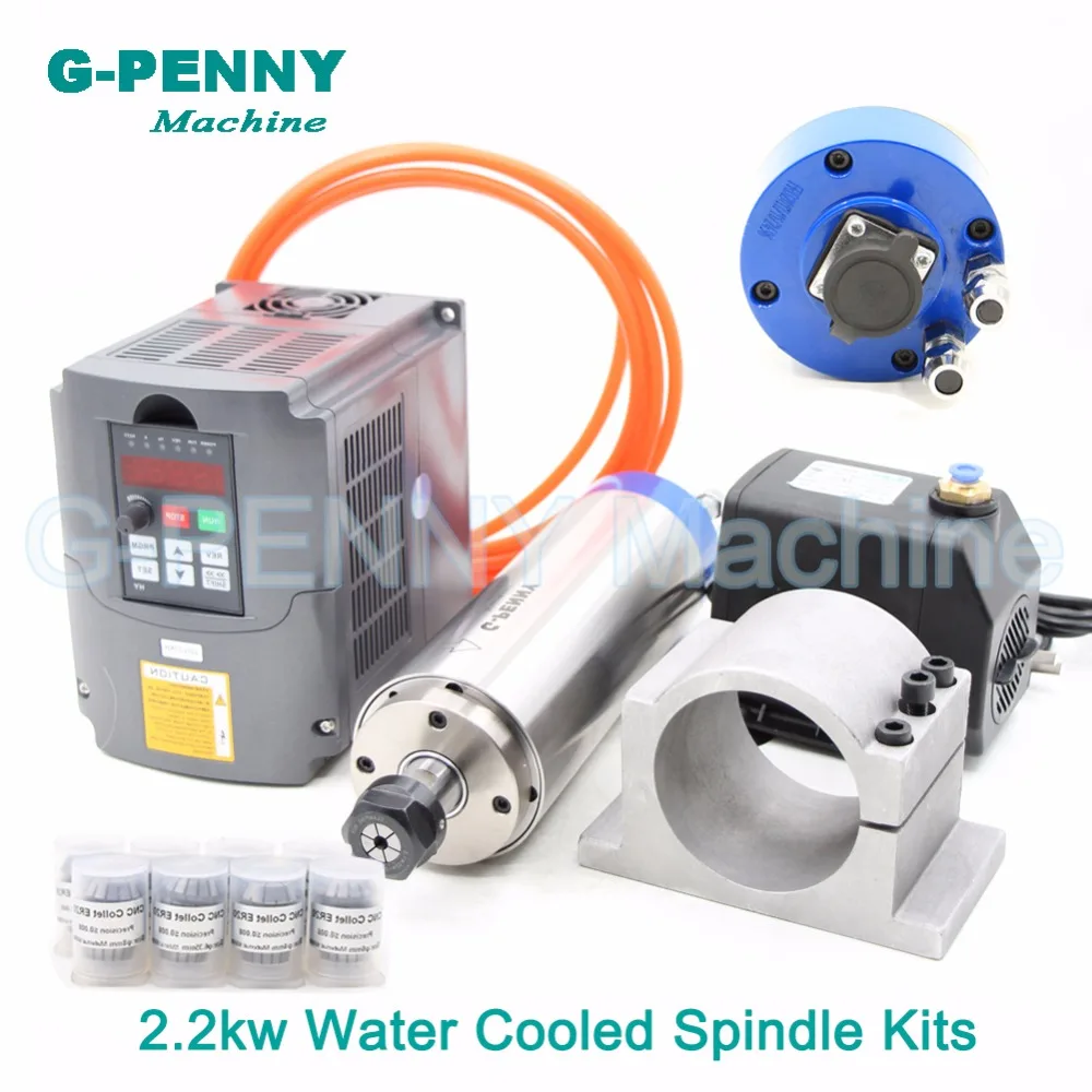 

G-PENNY 2.2KW ER20 Water Cooled Spindle Kit CNC Spindle Motor 4 Bearings & 2.2KW VFD / Inverter & 80mm Bracket & 75W Water Pump