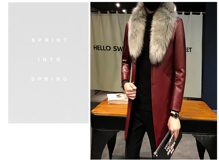 Mens Long Leather Trench Coats Black Long Coat Mens Burgundy Erkek Palto Fur Collar Luxury Gold Long Men