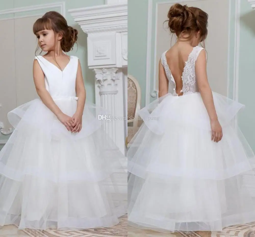 Custom Made Heilige Wit Baljurk Bloem Meisjes Jurken Diepe V-hals Terug Out Tiered Rok Lace Kids Formele Slijtage partij Jassen Custom Made Heilige Wit Baljurk Bloem Meisjes Jurken Diepe V-hals Terug Out Tiered Rok Lace Kids Formele Slijtage partij Jassen