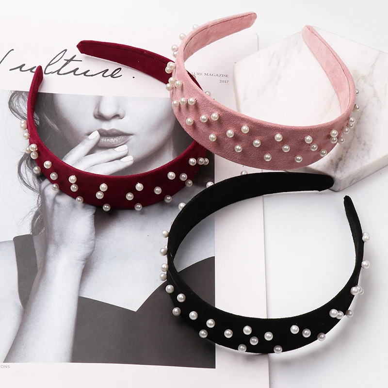 

FASHIONSNOOPS 2019 New Fashion Hairband Headband For Women Trendy Simulated Pearls Hair Band Solid Color Velvet Hair Accessories