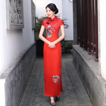 

Plus Size 5XL China Silk Qipao Satin Cheongsam Dresses Mandarin Collar Lotus Embroidery Applique Qipao