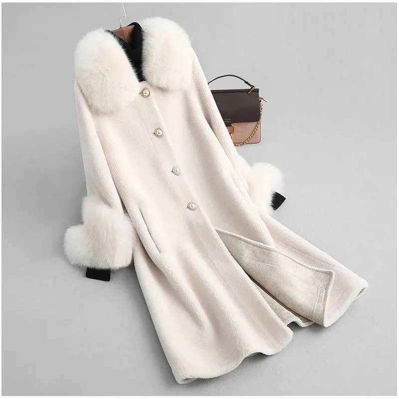Clearance 2019 winter real fur coat ladies high quality fox fur collar long jacket Korean clothes wool fur coat and coat 1