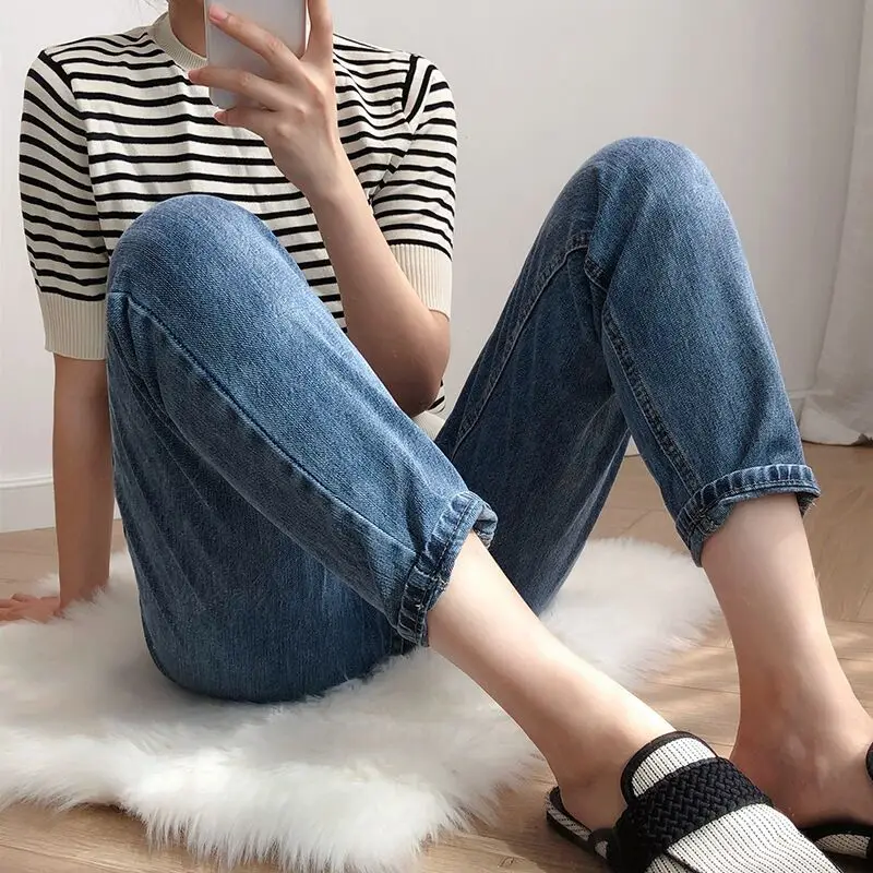 Simple blue jeans women fashion straight pants casual student OL office lady clothing holiday work wear