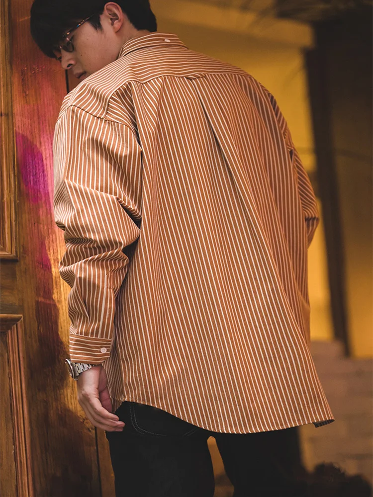 2022 Ss Japanese Vintage Oversize Coffee Color Striped Shirt