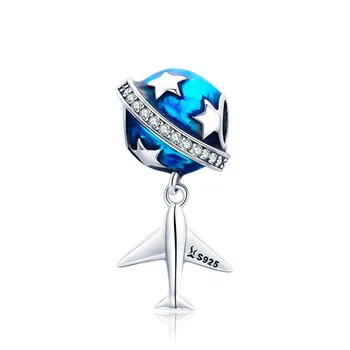 

LIGHTDOG Real 925 Sterling Silver Sparkling Star And Plane Dream Clear CZ Blue Enamel Charms fit Bracelets DIY Jewelry CMC887