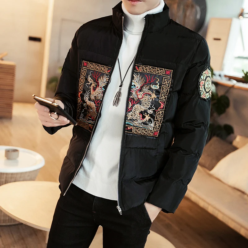 black Модная куртка-бомбер с вышивкой, пальто Manteau Homme Hiver Winterjas Heren, куртка-бомбер с вышивкой в китайском стиле, мужская теплая куртка - Цвет: black