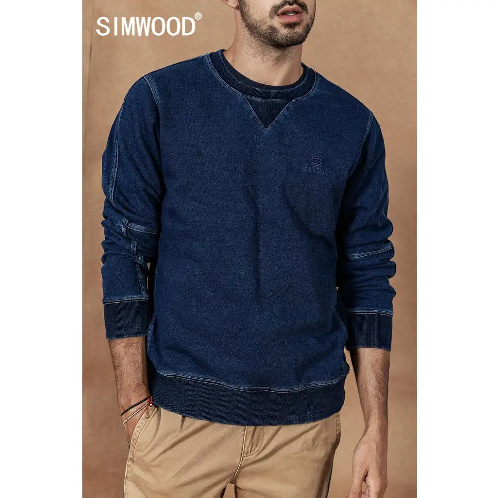 

SIMWOOD Indigo Hoodie Men 2019 Autumn Winter new Vintage washed embroidery patchwork Pullover O-neck Plus Size cotton Hoodies 190468