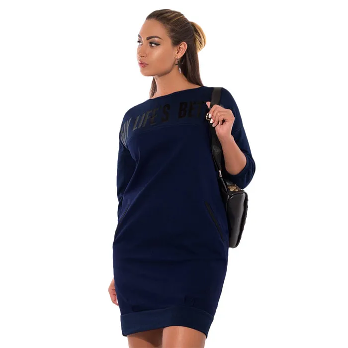 5XL 6XL осенне-зимнее женское платье большого размера с буквенным принтом, повседневное Спортивное платье большого размера с карманами Vestidos - Цвет: Тёмно-синий