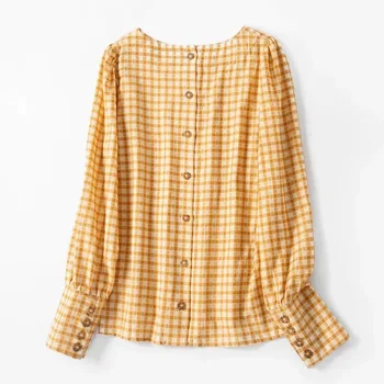 

Women Plaid O Neck Blouse Elegant Casual Long Sleeve Tops Yellow Loose Shirt Back Button