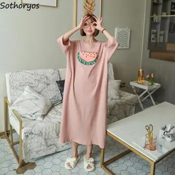 

Nightgowns Women Sleepshirts Short Sleeve Summer Printed Korean Style Mid-calf Kawaii Loose Womens Homewear Casual Stretchy Chic