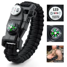 Ao ar livre multifuncional sobrevivência pulseira paracord trançado corda dos homens acampamento edc ferramenta de emergência sos led luz bússola apito
