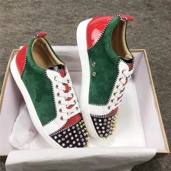 

Fashion Mixed Colors Men's Casual Shoes Patchwork Spikes Head Lace Up Flock Flats Luxury Brand Men Shoes Leisure Style Men Shoes