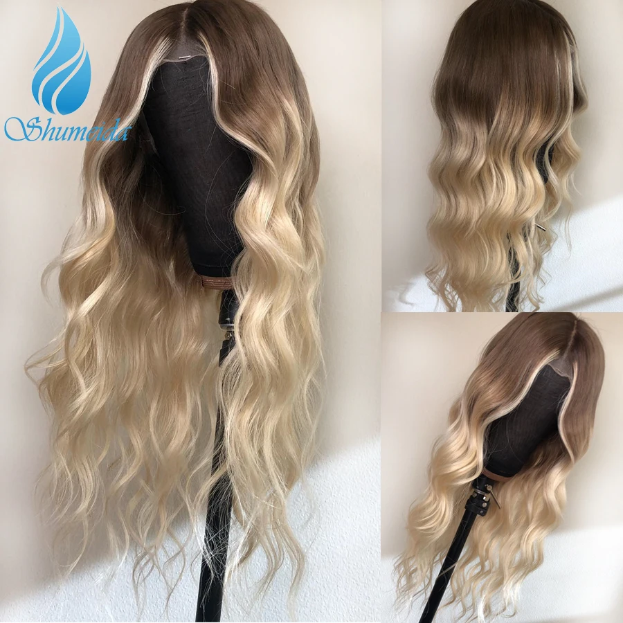 Online 13*6 pelucas de pelo humano frontales de encaje Rubio de Ombre peluca brasileña de onda del cuerpo Remy Pre desplumada pelucas para las mujeres negras