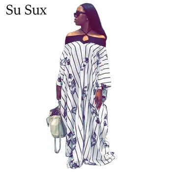 

2020 Plus Size African Clothing For Women Holiday Beach Maxi Dress Print Off Shoulder Bat Sleeve Halter Long Dress Loose Robe