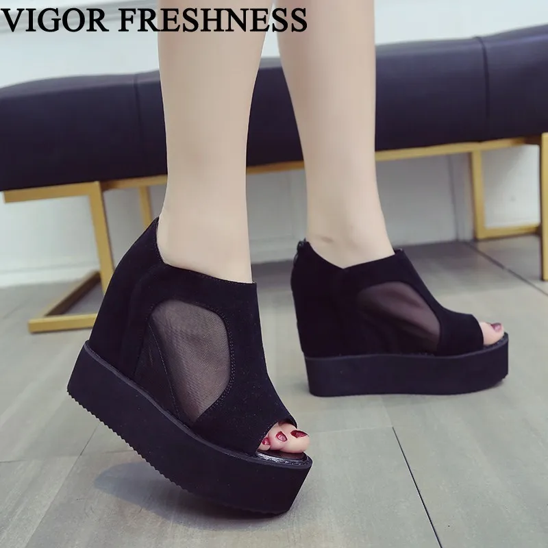 

VIGOR FRESHNESS 11CM Heels Sandals Women Shoes Platform Sandals Sexy Lady Height Increasing Shoes Woman Summer Sandals WY547