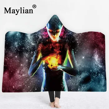 

Fire Magician woman 3D Printed Plush Hooded Blanket for Adults Kid Warm Wearable Fleece Throw Blankets B28