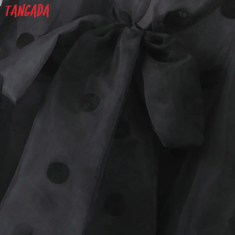 Tanie Tangada kobiety kropki haft mesh bluzka sexy przepuszczalność muszka szyi z długim rękawem chic koszula damska blusas femininas SL181