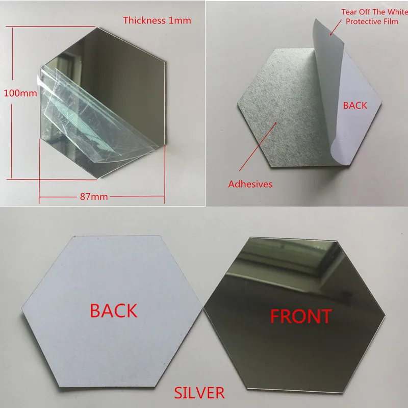 Silver Hexagon Adh 10 шт. диаметр 100x1 мм акриловые настенные зеркала круглый лист наклейки Пластик PMMA стекло отель декоративные линзы Miroir Фреска DIY плак - Цвет: Silver Hexagon Adh