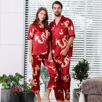 

Spring And Autumn Satin Silk Thin Section Couple Pajamas Summer Short-Sleeved Dragon And Phoenix Cardigan V-Neck Homewear