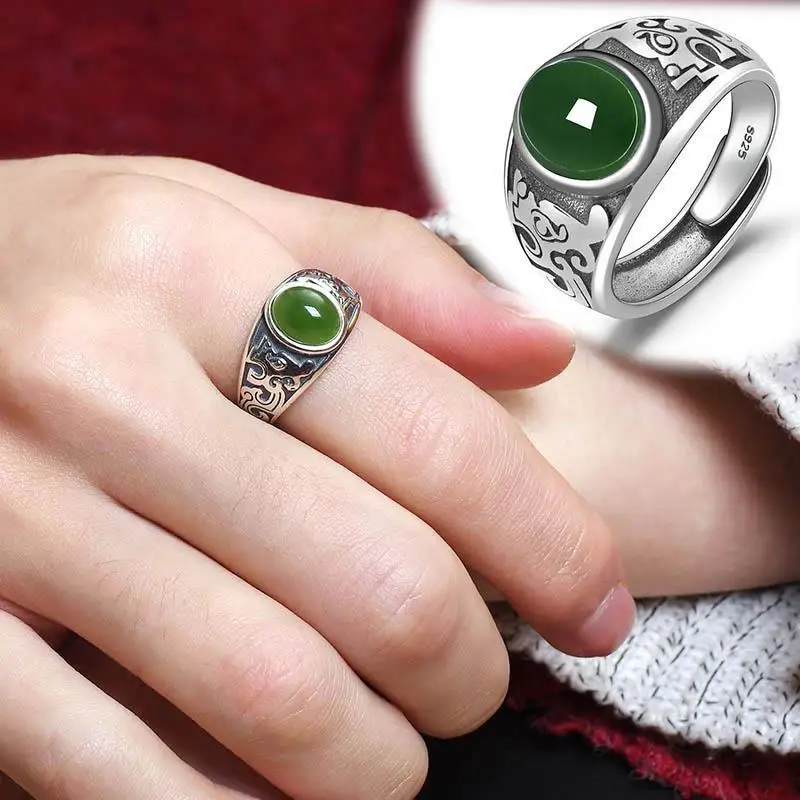 14ct Pure  Natural Hetian Green Jade Ring 925 Silver Finger Circles  Adjusted 