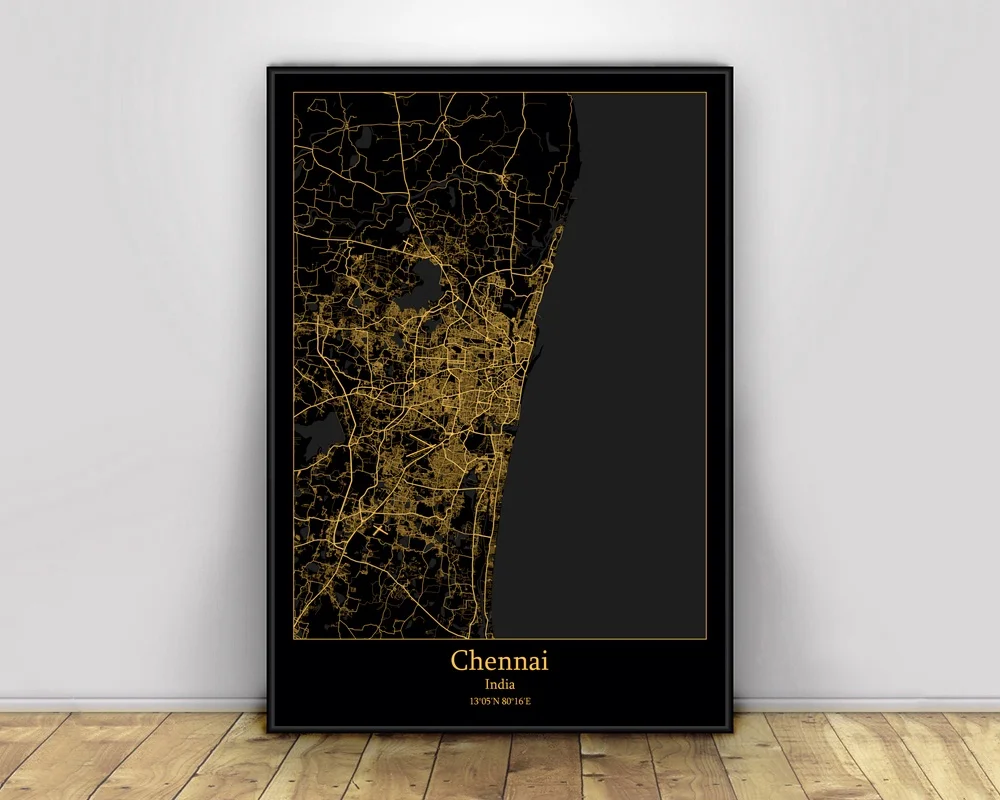 

Chennai India Black&Gold City Light Maps Custom World City Map Posters Canvas Prints Nordic Style Wall Art Home Decor