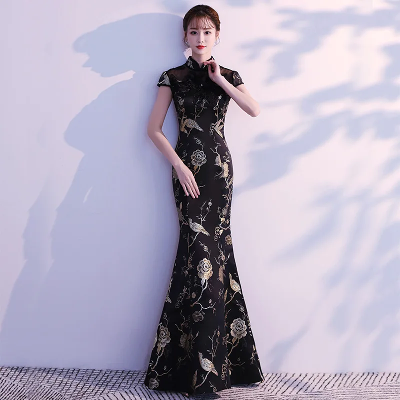 Элегантные черные женские Qipao Русалка Длинные традиционные китайские Вышивка