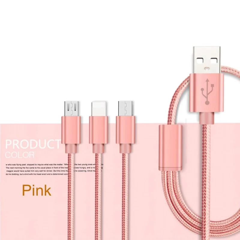 3 в 1 нейлоновый USB кабель 1,2 м usb шнур для зарядки 2A быстрое зарядное устройство для мобильного телефона зарядный кабель для iPhone samsung huawei Xiaomi - Цвет: For 3 In 1 Pink
