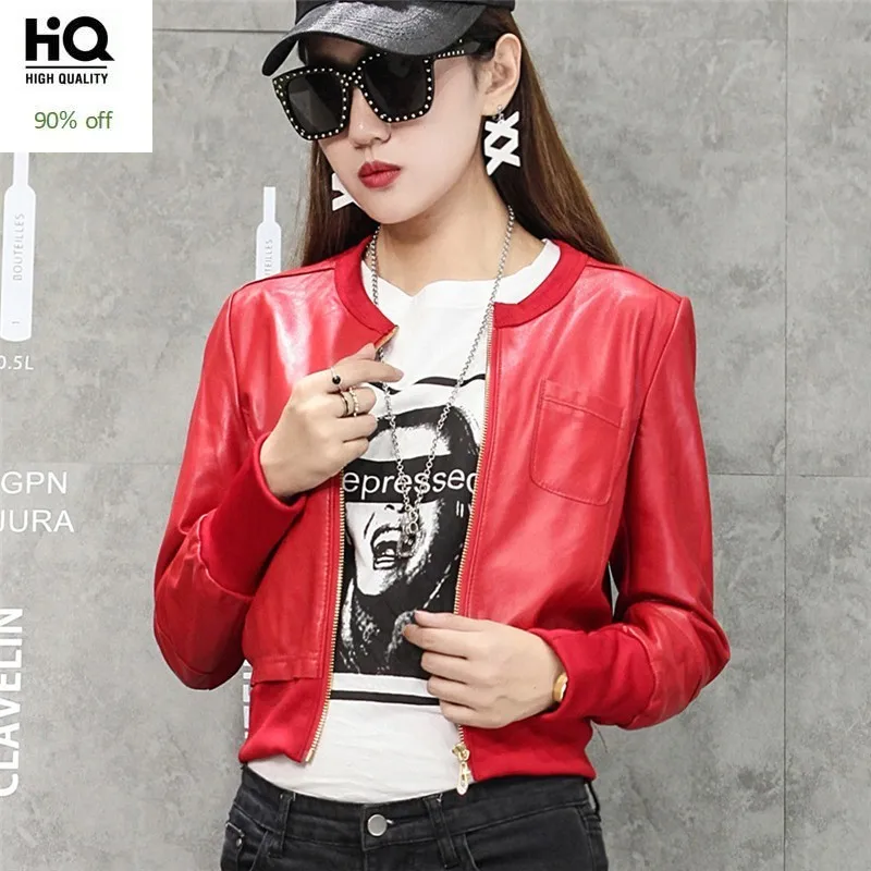 

Spring 2020 New Female SheepSkin Coat Genuine Leather Jackets Zipper Women O-Neck Black Red Slim Bomber Jacket Short Outwear