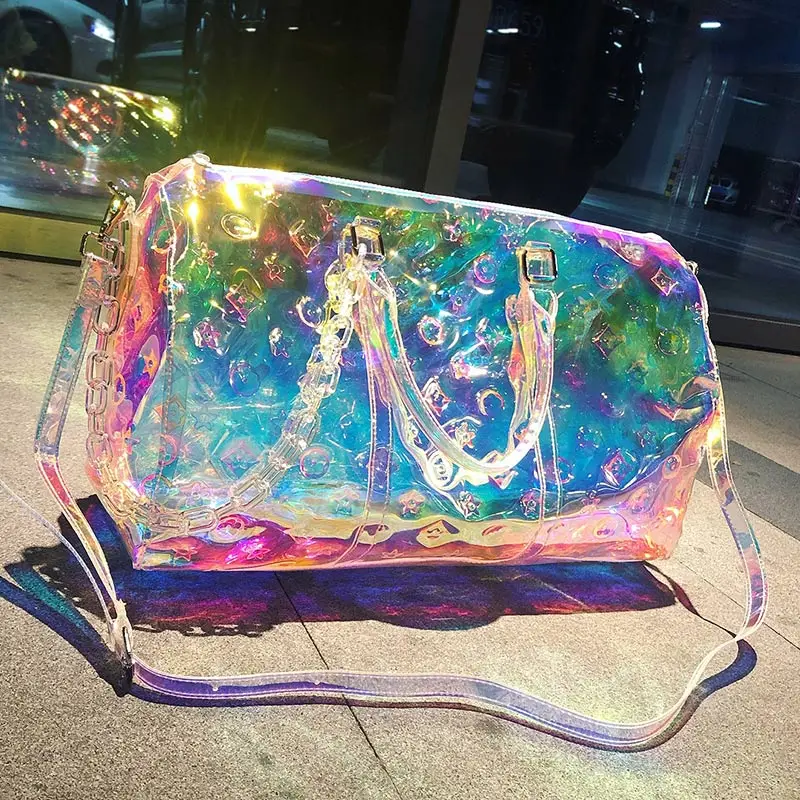 Laser colorful brand travel bag transparent bright luxury reflective fitness luggage bag slung carry on portable suitcase bag - Цвет: As picture