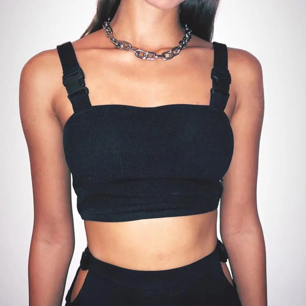 

Women Black Adjustable Buckle Tank Summer Cropped Streetwear Tank Tops 2019 Sexy Backless Sleeve Crop