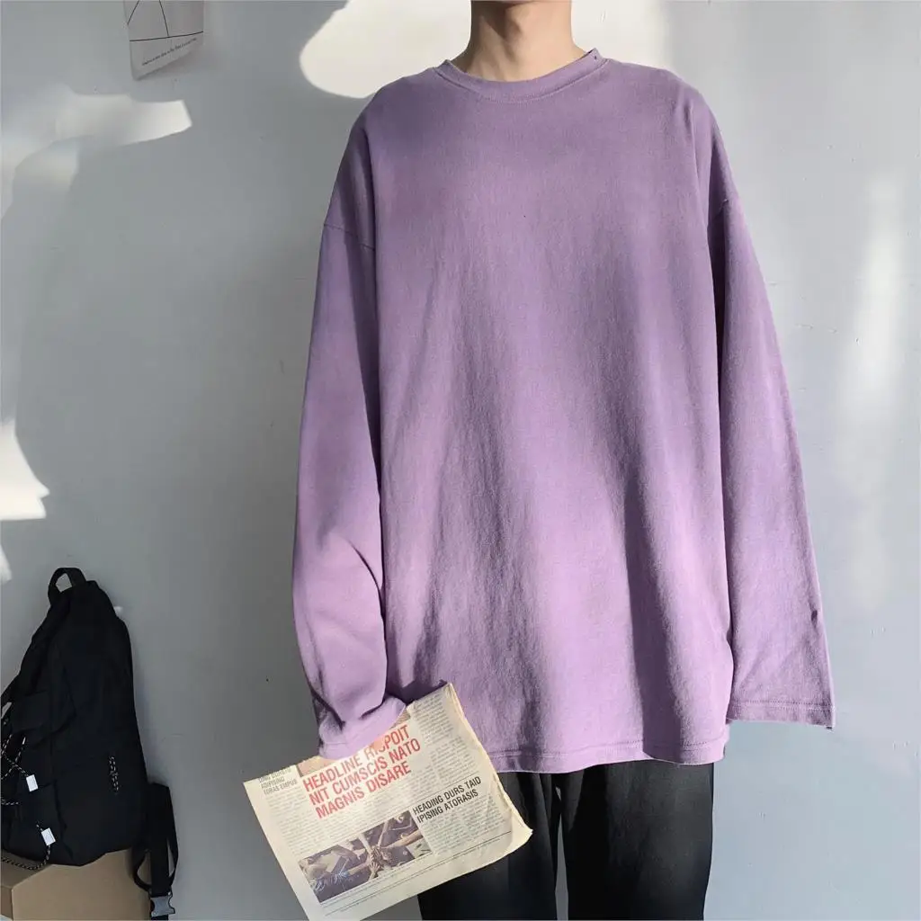 Purple(AsianSize) Privathinker Однотонная повседневная обувь модные яркие футболки Для мужчин в уличном стиле с О-образным вырезом с длинным рукавом Для мужчин футболки с рисунками из мультфильмов на осень Harajuku футболка - Цвет: Purple(AsianSize)