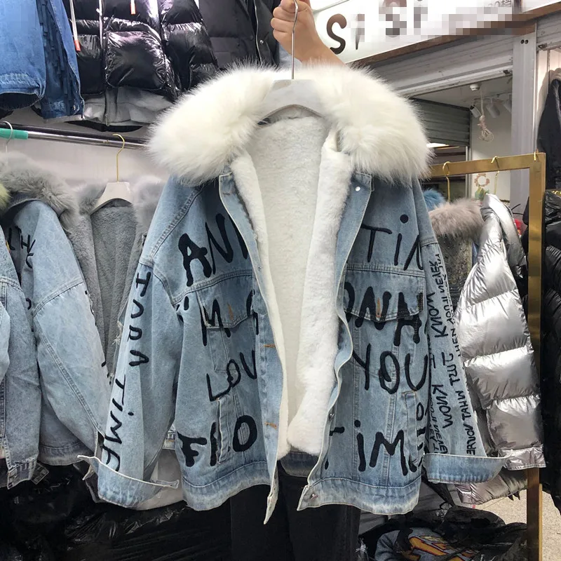 real fur collar Джинсовая куртка с воротником из натурального меха, зимняя женская куртка со съемной меховой подкладкой, джинсовое хлопковое пальто для женщин, студенческое хлопковое пальто, уличная одежда - Цвет: real fur collar
