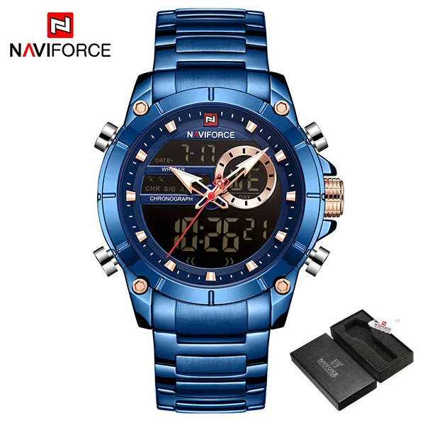 NAVIFORCE мужские часы цифровые спортивные часы Relogio Masculino кварцевые часы ремешок из нержавеющей стали многофункциональные наручные часы для мужчин - Цвет: BlueWithBox