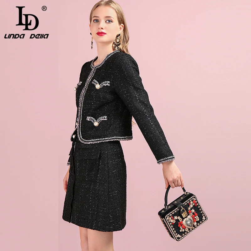 LD Linda della осень Для женщин короткая юбка костюм модный дизайнерский костюм с длинным рукавом трикотажные блузки+ мини-юбка Двойка комплект
