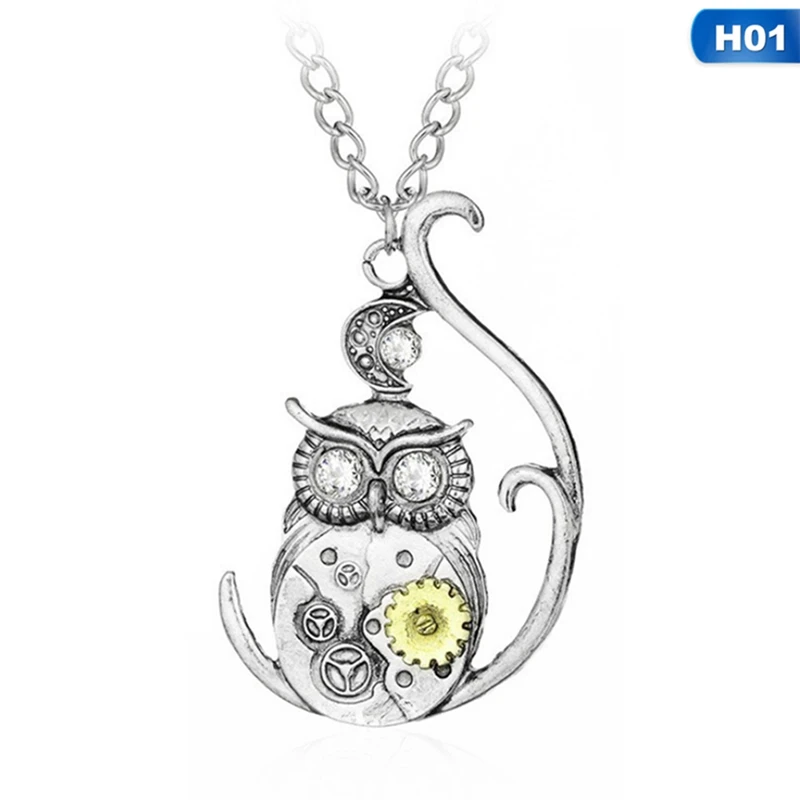 Vintage Steampunk Owl Butterfly Shape Gear Pendant Necklace For Women Men Wedding Antique Silver Necklace Jewelry Gifts - Окраска металла: H01