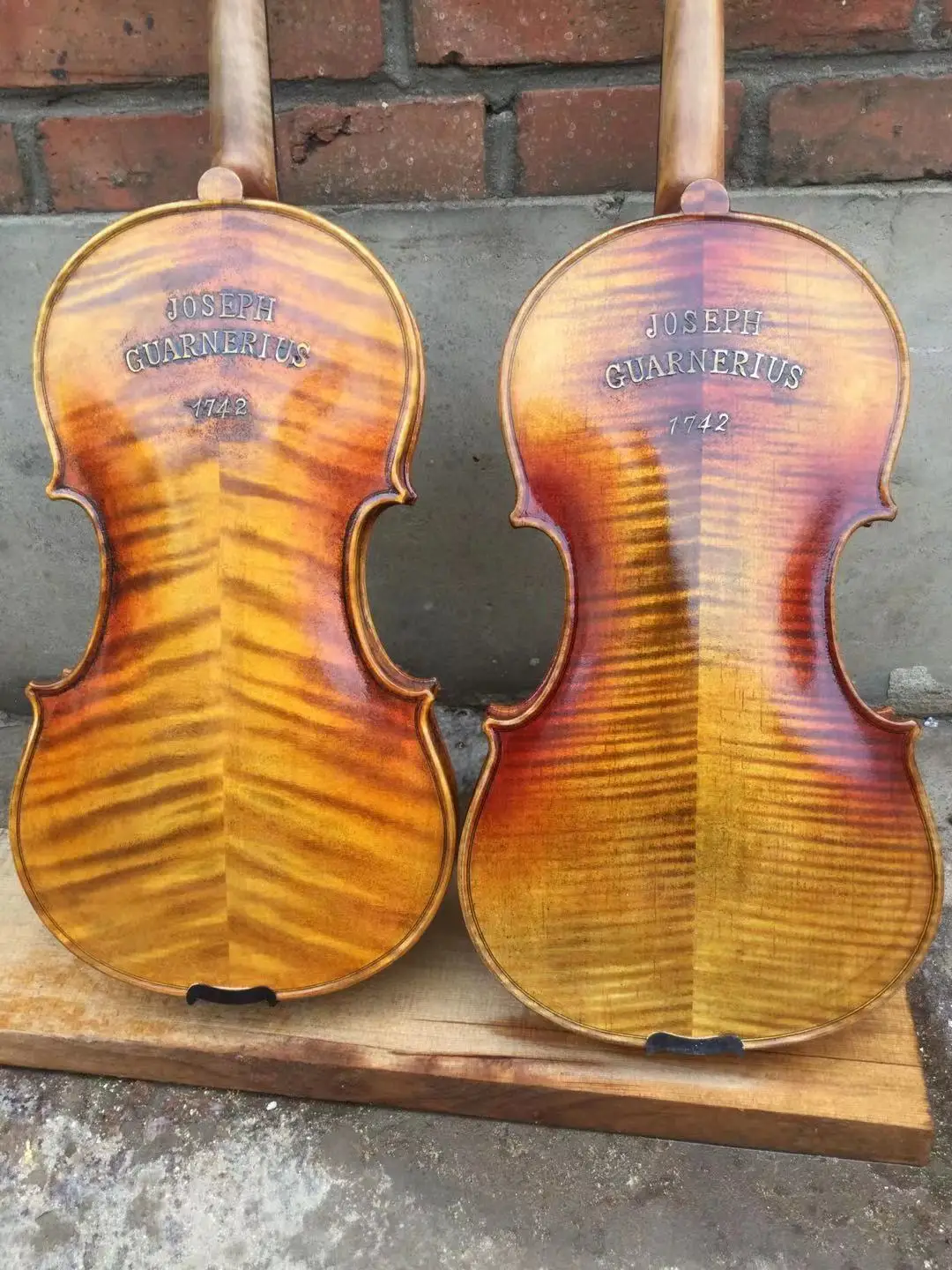 TWO VIOLINS 4/4 size maple back with hand crabed words old spruce top