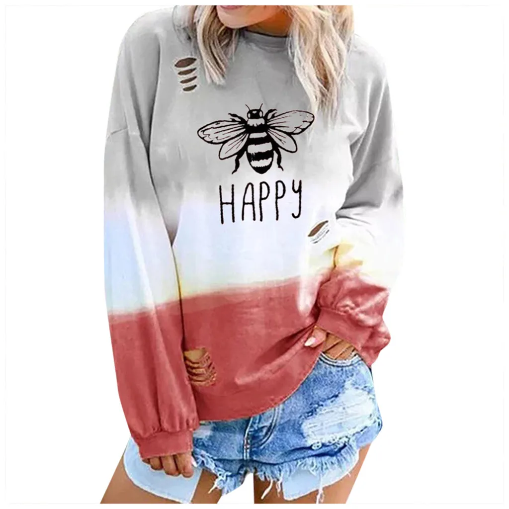 Happy Bee Sweatshirts Women Oversized Loose Pullovers Autumn Long Sleeve Casual Tops Blouse Girls Cotton Breathable Pullover - Цвет: Красный