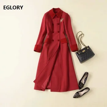 

High Quality New 2019 Winter Long Wool Coats Women Turn-down Collar Double Breasted Medium Long Wine Red Wool Blends Overcoats