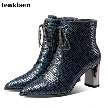 

Lenkisen gorgeous print cow leather metal high heels pointed toe lace up side zipper winter warm women fashion ankle boots L35