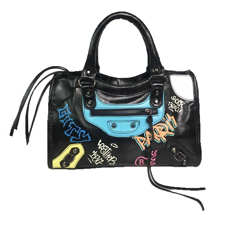 

Womens Motorcycle Studs Tassels Graffiti Handbag Totes Shoulder Fashion Large PU Leather High Quality Black Punk