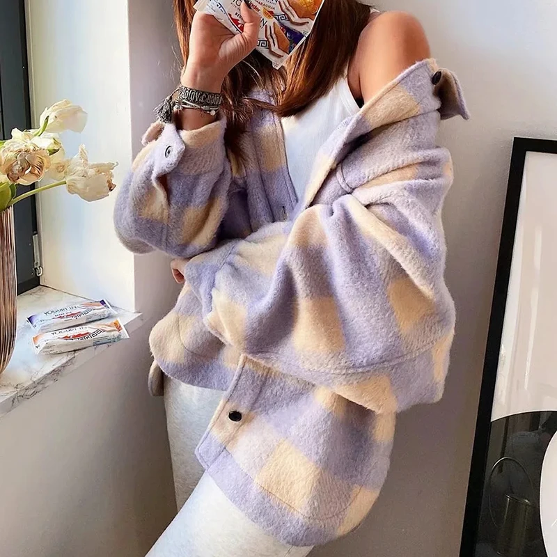 Женская длинная теплая куртка Za повседневная фиолетовая клетчатая однобортная