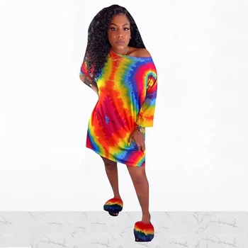 

Summer Woman Multi Tie Dye Printed Loose Three Quarter Sleeve Mini Vestidos O-Neck Half Batwing Sleeve T-Shirt Dress