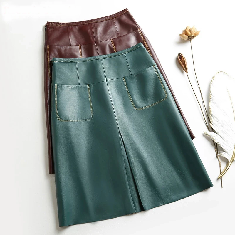 

Stylish Women Genuine Leather Skirt Female Slit Pockets Sewing High Waist Jupe Mujer A-line Mid-Length Wine Red/Blue Chic Faldas