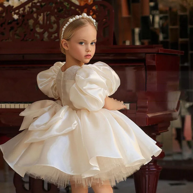 

Ivory White Knee Length Baby Girls Birthday Party Dresses with Big Satin Bow Flower Girl Dress New Year Clothes