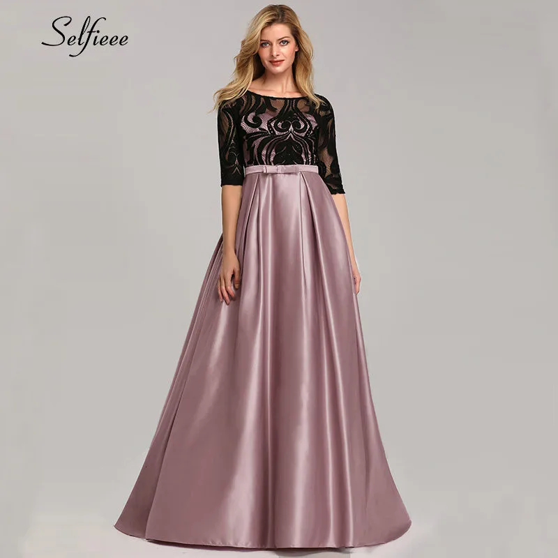 Elegant Dresses A-Line O-Neck Empire Bow Lace Contrast Color Sexy Woman's Dresses Evening Formal Party Gowns Robe ete Femme