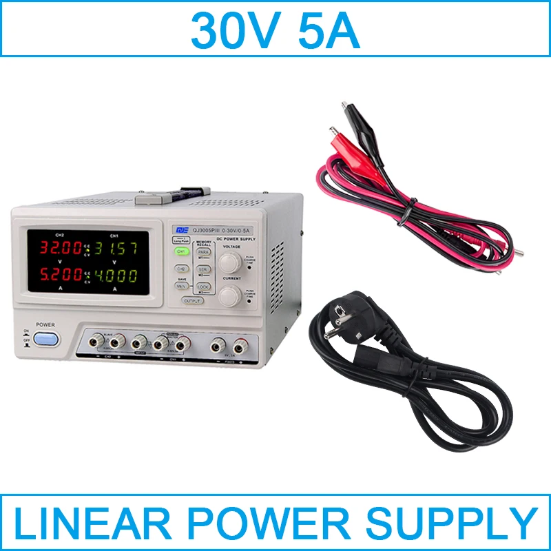 

Dual Channel DC power supply 0-30V 0-5A Adjustable Digital Programmable Linear DC Power Supply High Accurate 0.001A laboratory