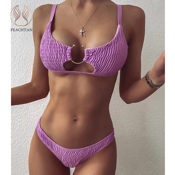 

Peachtan Hollow out bikini 2020 Folds swimwear female Ring swimsuit women Purple two piece set Sexy bathing suit beach wear new